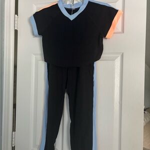 Black Two-Piece Set with Blue and Orange Accents